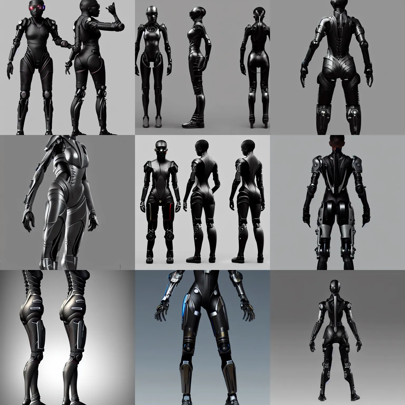 Prompt: A teen black cyborg by weta digital workshop, character model sheet with frontal and side and back views, detailed skin, simpe hands, short hair, arnold 3 materials, octane render and unreal engine 5, sidefx houdini, white background, studio lighting, trending in Artstation and CGSociety, by Artgerm and Alphonse Mucha and zaha hadid