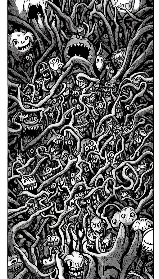 Prompt: a storm vortex made of many demonic eyes and teeth over a forest, by akira toriyama
