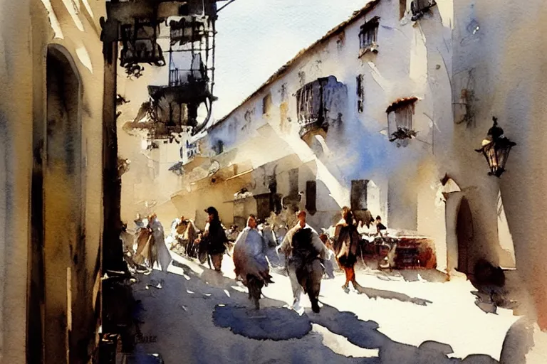 Prompt: abstract watercolor painting of spanish street, white buildings, summer, magical and traditional, cinematic light, french cafe, sharp shadows, daylight, national romanticism by anders zorn, by greg rutkowski, by greg manchess