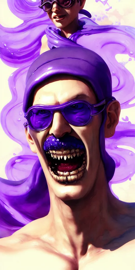 Image similar to Extremely Detailed and Full Portrait scene of Gooey Ocean scene in ink and refined sand, Waluigi with shades on face. wearing a purple dress full body smiling by Akihito Yoshitomi AND Yoji Shinkawa AND Greg Rutkowski, Mark Arian trending on artstation