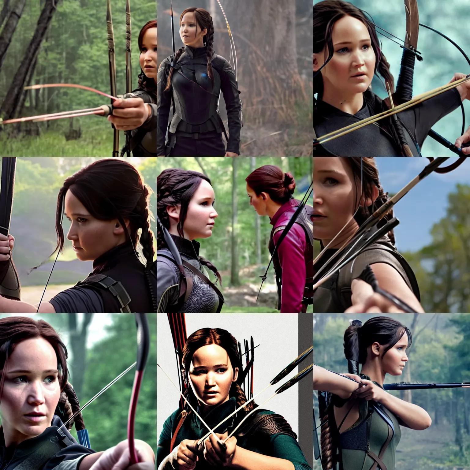 Prompt: Katniss Everdeen as Hawkeye, drawing her bow, film still from Avengers Endgame