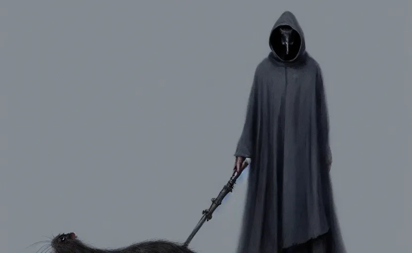 Prompt: the grim reaper but a rat, standing, dark background, soft grey and blue natural light, intricate, digital painting, artstation, concept art, smooth, sharp focus, illustration, art by greg rutkowski and luis rollo and uang guangjian and gil elvgren, symmetry!