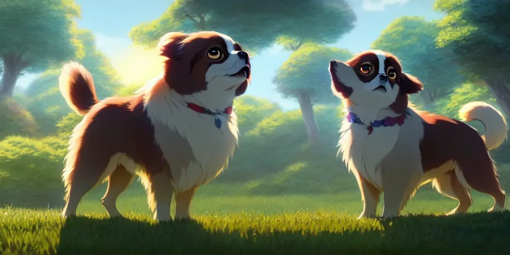 Prompt: a wholesome animation key shot of a tibetan spaniel, studio ghibli, pixar and disney animation, sharp, rendered in unreal engine 5, anime key art by greg rutkowski, bloom, dramatic lighting