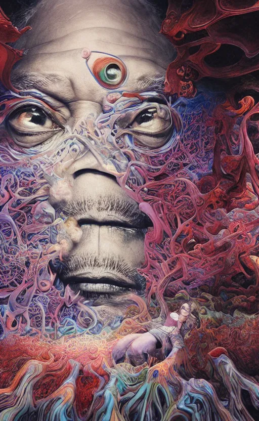 Prompt: ultrawide angle colour masterpiece surreal closeup portrait photography of morgan freeman playing on stage by miho hirano and annie leibovitz and michael cheval, weird surreal epic psychedelic complex biomorphic 3 d fractal landscape in background by kilian eng and roger dean and salvador dali and beksinski, 8 k