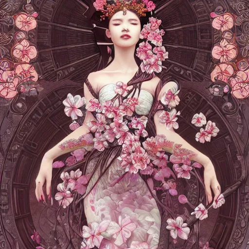 Image similar to a photograpic portrait of a anthropomorphic cherry - blossom queen spirit, fantasy, intricate, elegant, highly detailed, digital painting, artstation, concept art, smooth, sharp focus, illustration, art by artgerm and h r giger and alphonse mucha