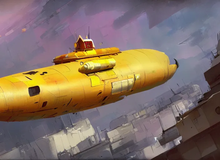 Prompt: a painting of a futuristic yellow submarine plane flying through the sky, red wings, concept art by Ian McQue, cgsociety, highly detailed, artstation, concept art, sci-fi