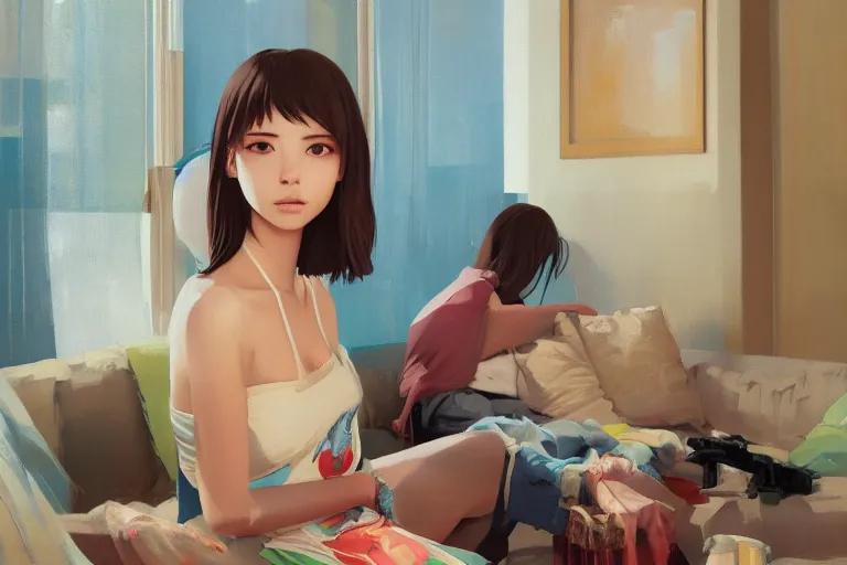 Image similar to A ultradetailed beautiful portrait panting of a stylish girl sitting in a messy modern apartment, bright sunny day, Oil painting, by Ilya Kuvshinov, Greg Rutkowski and Makoto Shinkai