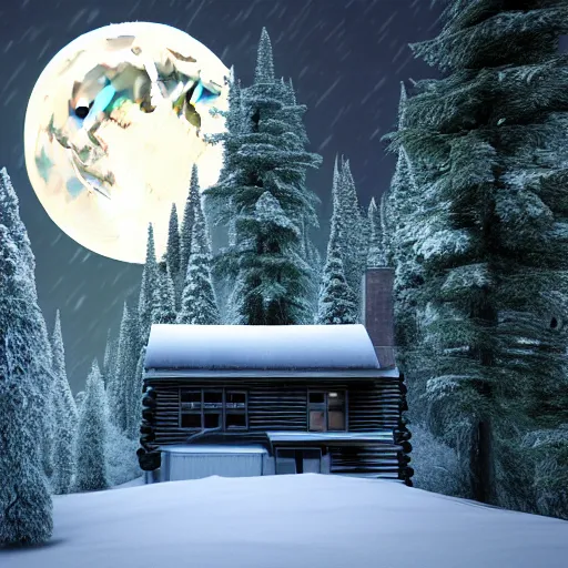 Prompt: Cabin in the woods, photorealistic, nighttime, bright moon, snow, snowy trees, snow storm, Lights from inside the house, raytracing, godrays, smokey chimney, cozy, forest, trees, extremely-detailed digital art, Trending on art station, 8k