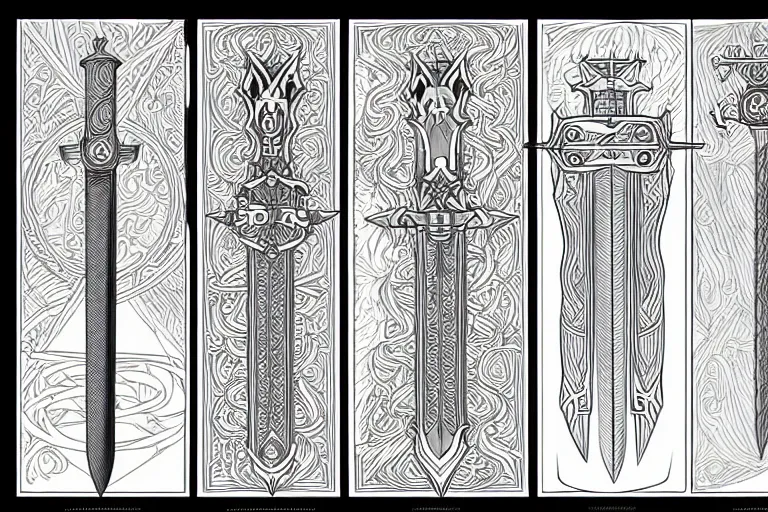 Image similar to design sheet of various magic swords, intricate linework, swords, blades, weapon designs, clean lines