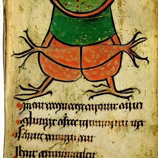 Image similar to beautiful medieval book manuscript painting of a frog wearing a crown