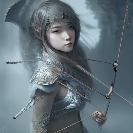 Image similar to beautiful extremely detailed intricate concept art depicting an archer by wlop. shining jewelry. grey atmosphere. particles in the background. bcy. net