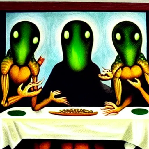 Image similar to green aliens in the last supper painting, eating alien food