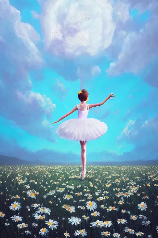 Image similar to giant white daisy flower as head, girl ballet dancing in a flower field, surreal photography, sunrise, dramatic light, impressionist painting, colorful clouds, digital painting, artstation, simon stalenhag