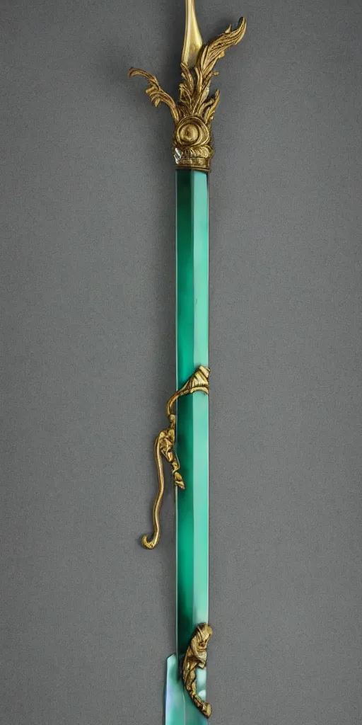 Image similar to photograph of a wide green and teal crystal sword blade attached to a big gold sword hilt