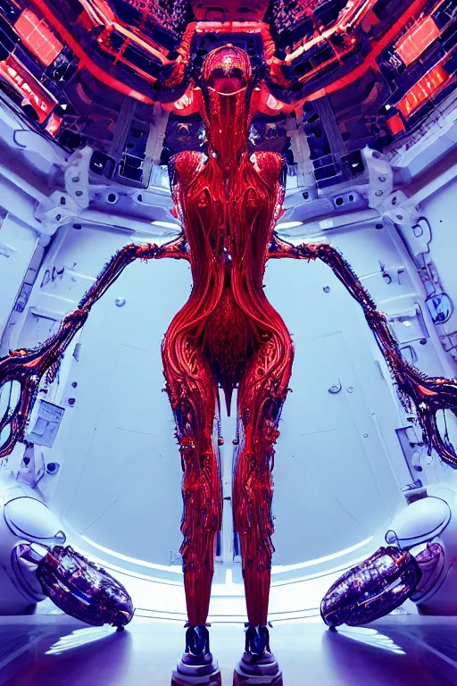 Image similar to background space station, red baroque inflateble dress iris van herpen positing on floor, helmet instead of a head, perfect symmetrical, full body shot, inflateble shapes, wires, tubes, veins, jellyfish, white biomechanical details, wearing epic bionic implants, masterpiece, intricate, biopunk, vogue, highly detailed, artstation, concept art