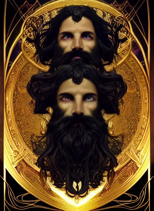 Image similar to angry god zeus, wavy black hair, bushy beard, glowing eyes, volumetric lights, cyan and gold scheme, art nouveau botanicals, gothic, intricate, highly detailed, digital painting, artstation, concept art, smooth, sharp focus, symmetric face, illustration, steampunk, art by artgerm and greg rutkowski and alphonse mucha