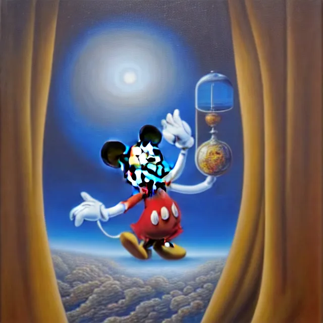 Prompt: an oil on canvas portrait painting of mickey mouse, surrealism, surrealist, cosmic horror, rob gonsalves, high detail