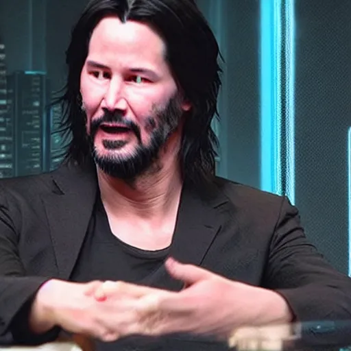 Image similar to Keanu Reeves facepalming over how bad Cyberpunk 2077 was