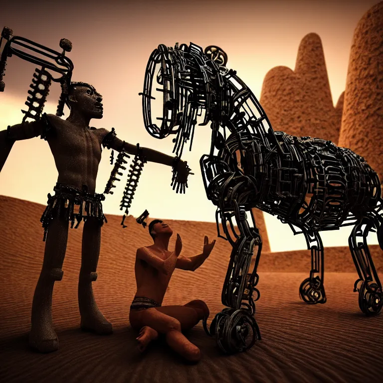 Image similar to A techno-magical shaman performs a ritual to resurrect a mechanical horse. The steel ancient ruins are covered with sand. masterpiece, fantasy art, future, cinematic, hyperdetailed, photorealistic, sigil, hyperrealism, octane rendering, 8k, depth of field, bokeh, shadows