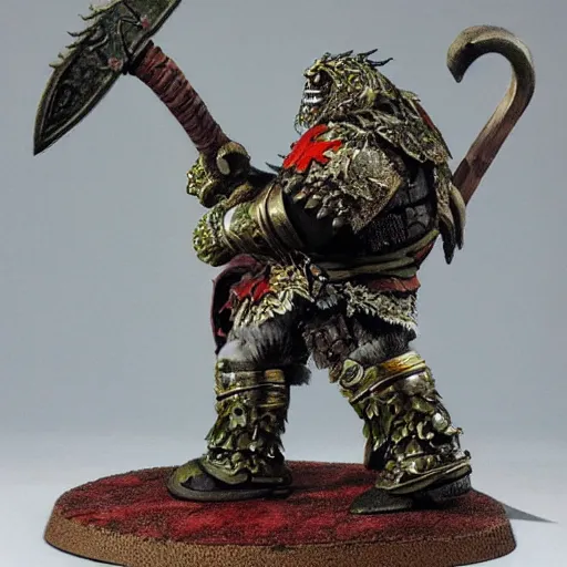 Image similar to ogre warrior wearing plated armor who is holding a battle axe in the style of warhammer fantasy : : head and torso oil painting