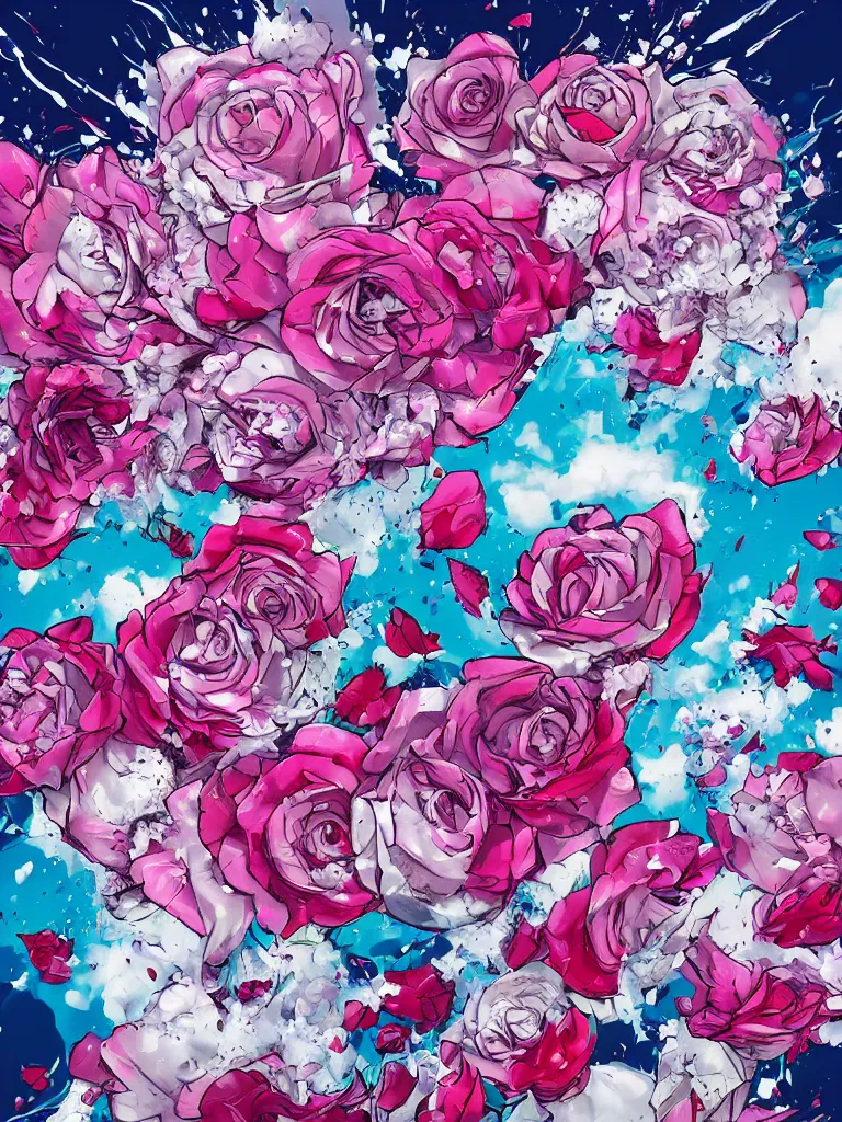 Image similar to hadouken of white and pink roses, flowers exploding and splattering, blue sky, big puffy clouds, spraypaint, wildstyle, totem 2, graffiti, exploding roses, large rose petals, lotus petals, large triangular shapes, studio ghibli anime, radiant lighting, artgerm, manga, trending on artstation, art nouveau, mature colors