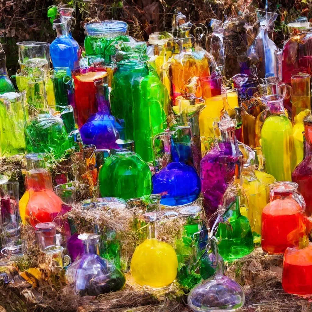 Image similar to colorful potions at the harvest festival, hyper realistic, 8 k