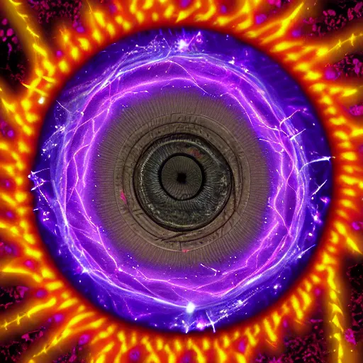 Prompt: the insulating lens wobbles with purple energy, magical sparks, dark background, digital art