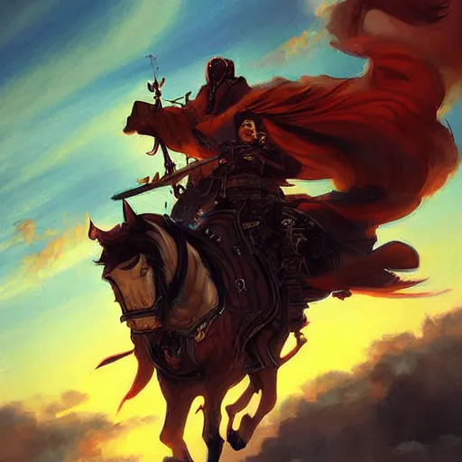 Prompt: a beautiful painting of ghost! riders! in the sky!, sunset!, by wlop, tooth wu and charlie russell