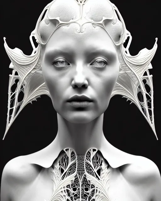 Image similar to bw 3 d render, beautiful angelic biomechanical albino girl cyborg with a porcelain profile face, rim light, big leaves and stems, roots, fine foliage lace, alexander mcqueen, art nouveau fashion embroidered collar, steampunk, silver filigree details, hexagonal mesh wire, mandelbrot fractal, elegant, artstation trending