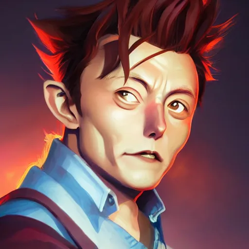 Image similar to anime portrait of elon musk the hobbit as an anime troll by Stanley Artgerm Lau, WLOP, Rossdraws, James Jean, Andrei Riabovitchev, Marc Simonetti, and Sakimichan, trending on artstation