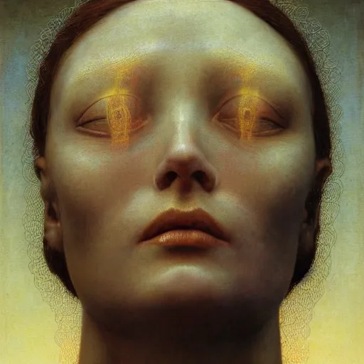 Image similar to Woman masterpiece, golden halo behind her head, by Edgar Maxence and Ross Tran, Zdzisław Beksiński, and Michael Whelan, distant, gustav dore, H.R. Giger, 8k, octane render