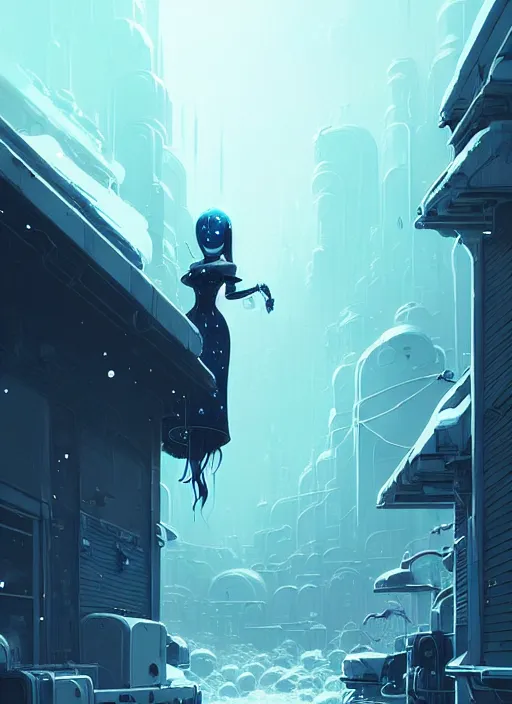 Image similar to highly detailed portrait of stunning android elemental witch lady, stray wiring by atey ghailan, james gilleard, by joe fenton, by greg rutkowski, by greg tocchini, by kaethe butcher, 4 k resolution, gradient blue, cyan, black and white color scheme!!! ( ( snowy glaciated robotic dystopian city background ) )