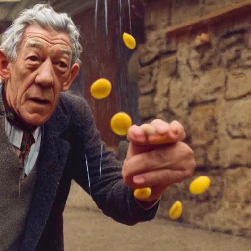 Prompt: film still of ian mckellen, baked beans raining from the sky