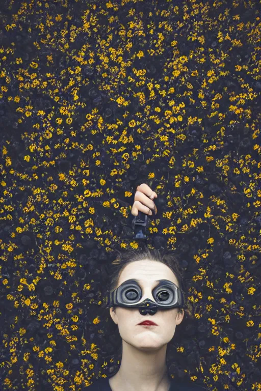 Image similar to a surreal portrait of a woman wearing gas mask diving into the ground of black flowers in the style of brooke didonato, editorial fashion photography from vogue magazine, full shot, nikon d 8 1 0, ƒ / 2. 5, focal length : 8 5. 0 mm, exposure time : 1 / 8 0 0, iso : 2 0 0