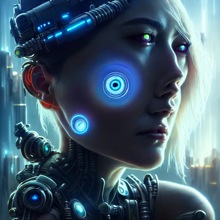 Image similar to ultra realistic beautiful cyborg deity eyes closed, scifi, cyberpunk, fantasy, intricate details, movie still, highly detailed, photorealistic, octane render, eerie, 8k, art by artgerm and michael welan and greg rutkowski