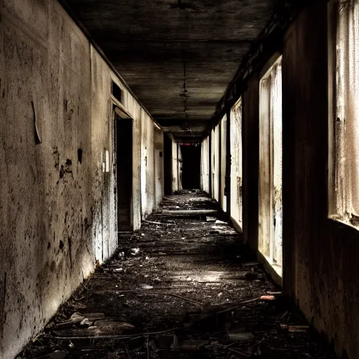 Prompt: a dark and musty hallway in an abandoned building, professional photography, 8 k, vibrant colors