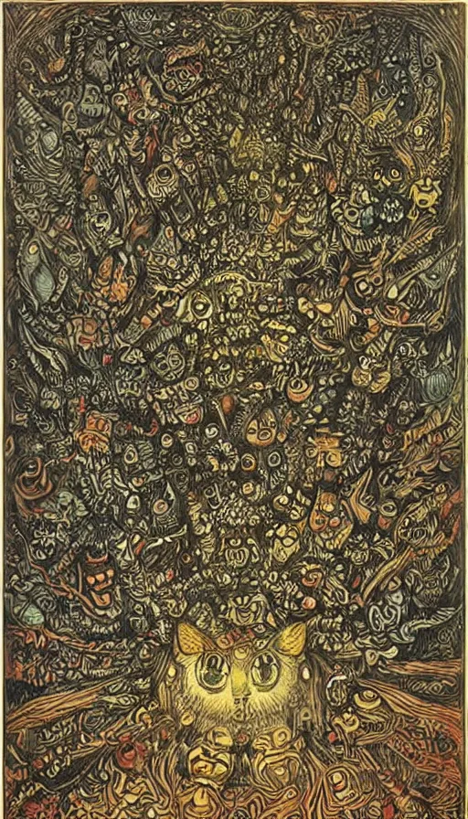 Image similar to The end of an organism, by Louis Wain engraved on a wooden board, collored