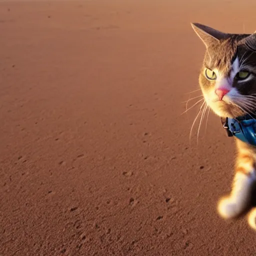 Prompt: cat wearing a spacesuit while walking on martian sunset