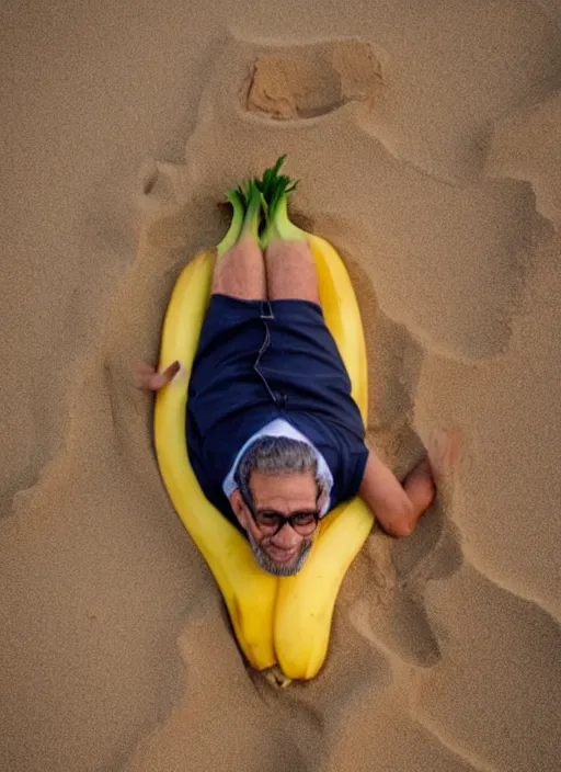 Prompt: jeff goldblum as a banana tomato on the sand of a beach