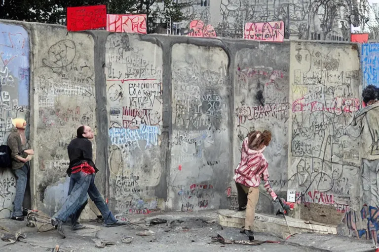 Image similar to people destroying the berlin wall, storyboard style, 3 d