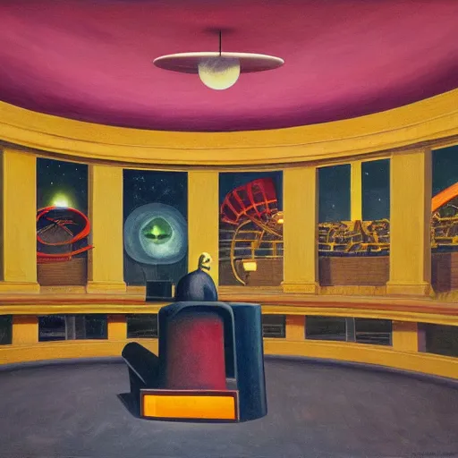 Image similar to exaggerated death ray, doomsday weapon, evil lair, mastermind, observatory interior, rotunda, shield, comedic, dystopian, grant wood, pj crook, edward hopper, oil on canvas