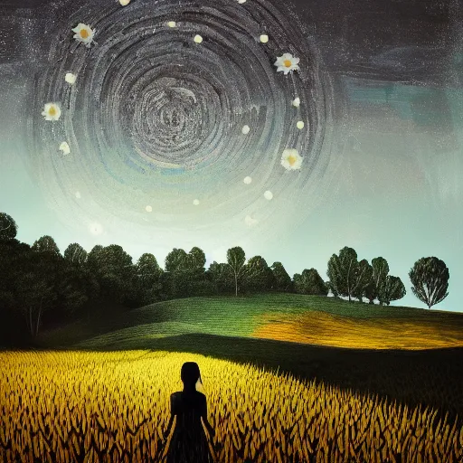 Image similar to giant black daisy flower face, girl walking in wheat field, hills, surreal photography, dark night, star trails, dramatic light, impressionist painting, clouds, digital painting, artstation, simon stalenhag
