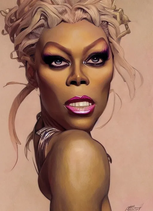 Image similar to rupaul, painting by artgerm and greg rutkowski and alphonse mucha