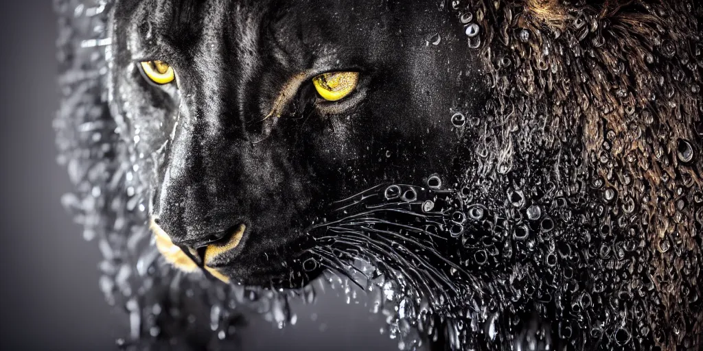 Prompt: a black lioness made of ferrofluid bathing inside the bathtub full of ferrofluid at the photography studio, covered in dripping ferrofluid. dslr, wrinkles, ferrofluid, photography, realism, animal photography