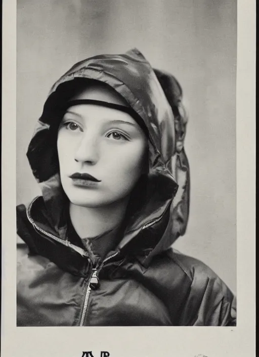 Prompt: portrait of a beautiful girl wearing an anorak designed by balenciaga russian comunist propaganda 1 9 4 0