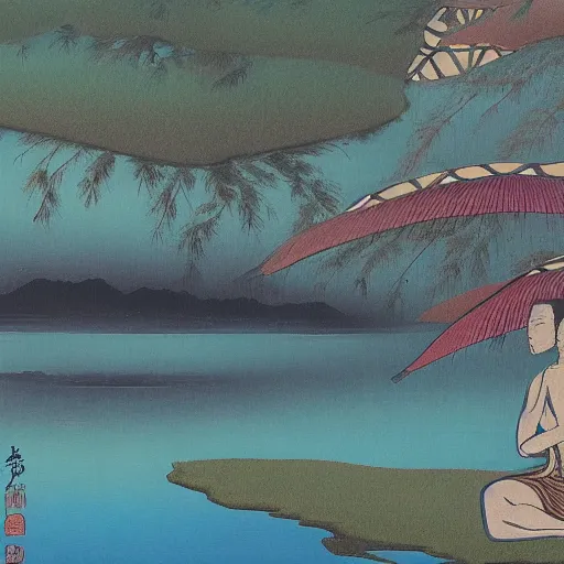 Prompt: Man meditating over a lake of dreams, nihonga style painting