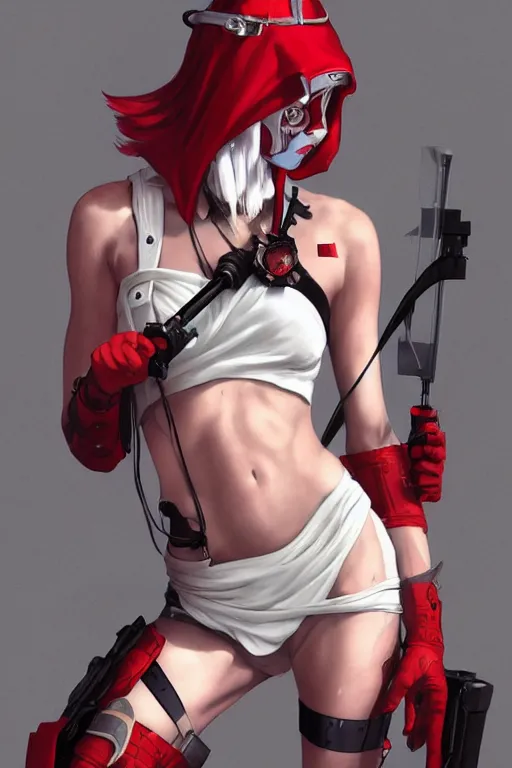 Prompt: covid - 1 9 nurse holding a syringe, wearing nurse bikini armor, black and white and red, cyberpunk, by tom bagshaw and alphonse mucha and atey ghailan and artgerm and and greg rutkowski and hajime soriyama, hyper realistic, octane render, trending on artstation