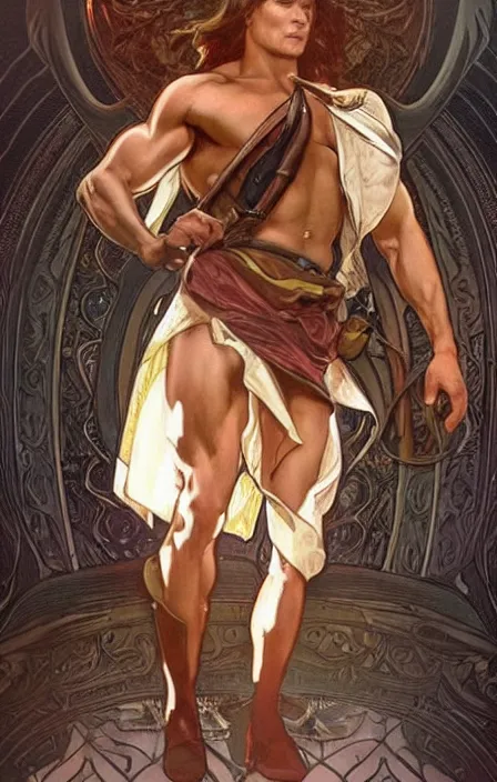 Image similar to pretty muscular sam winchester as a character in romance book art design, character concept, sharp focus!, ultra detailed, art by artgerm alphonse mucha, wlop