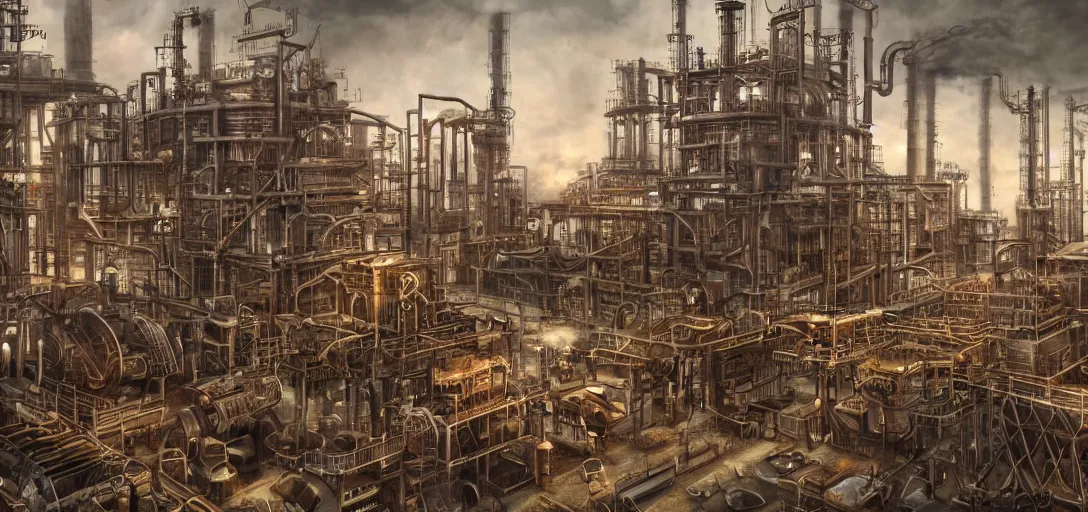 Image similar to photorealistic photograph of a giant steampunk factory, realism, 4k