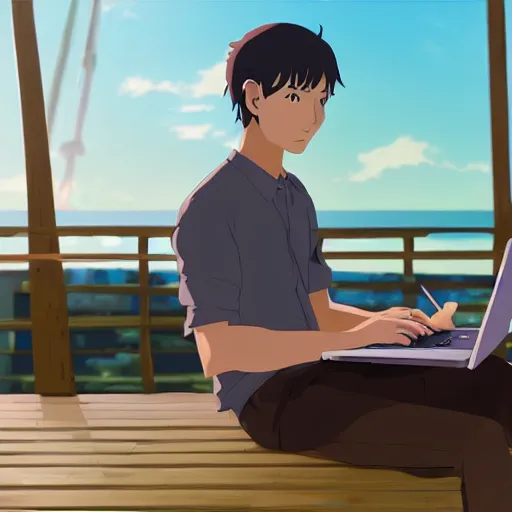 Prompt: concept art of man working on laptop at sunny beach, perfect face, fine details, by makoto shinkai and studio ghibli and kyoto animation
